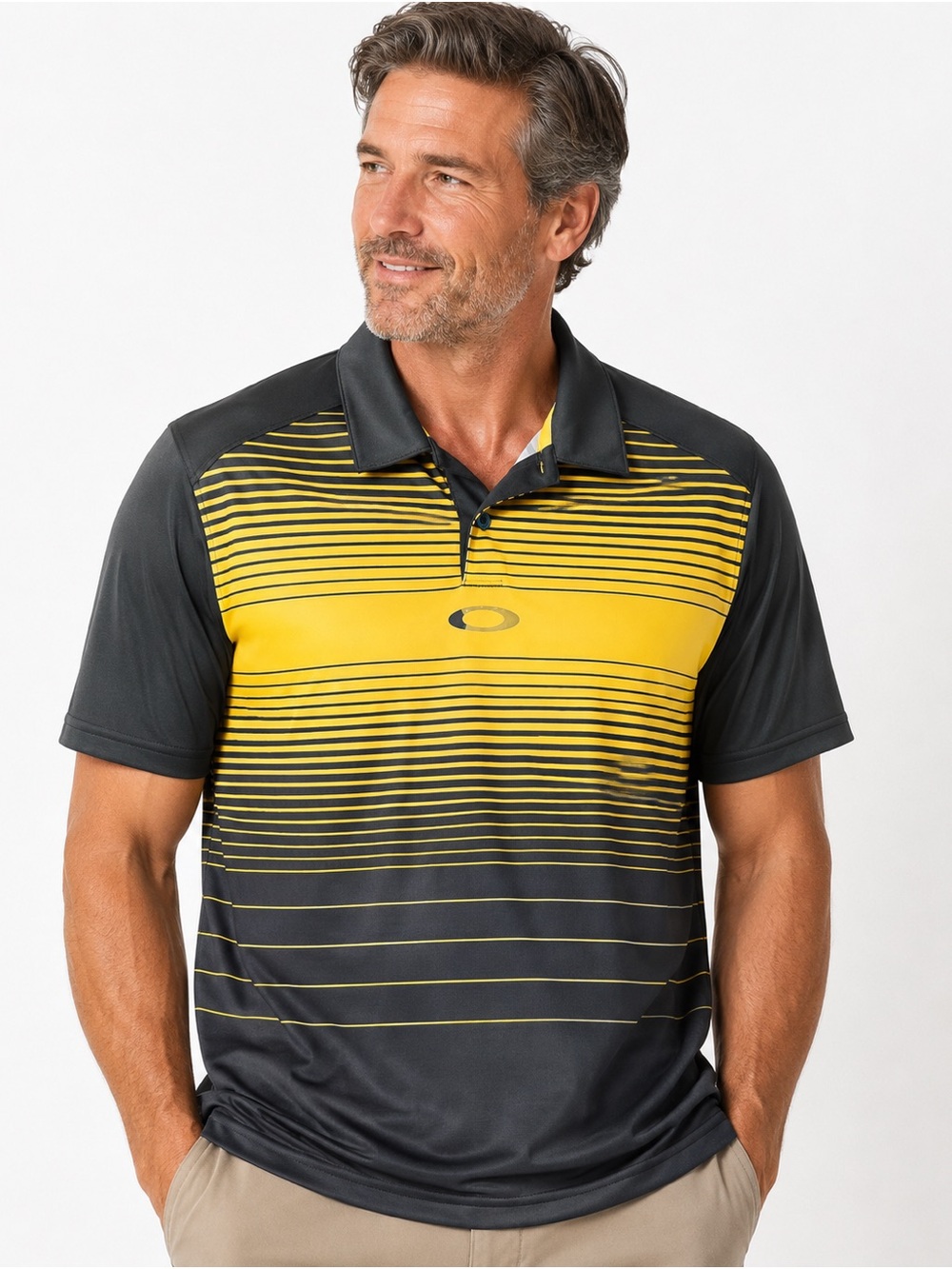Oakley Men’s Black and Yellow Striped Golf Polo